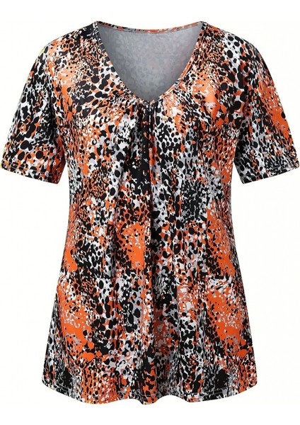 Kadın V Yaka Renkli Leopar Desen Büzgü Detay Süprem Bluz fırsatları