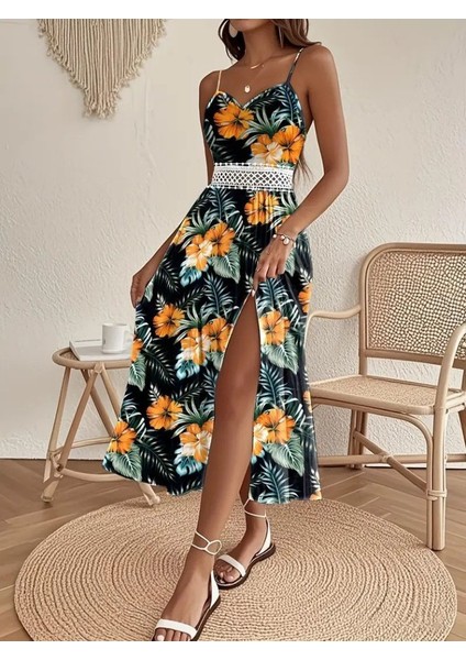 Mç Plus Kadın Ip Askılı V Yakalı Bel Güpür Çiçek Desenli Yandan Yırtmaçlı Maksi Süprem Elbise fiyatları