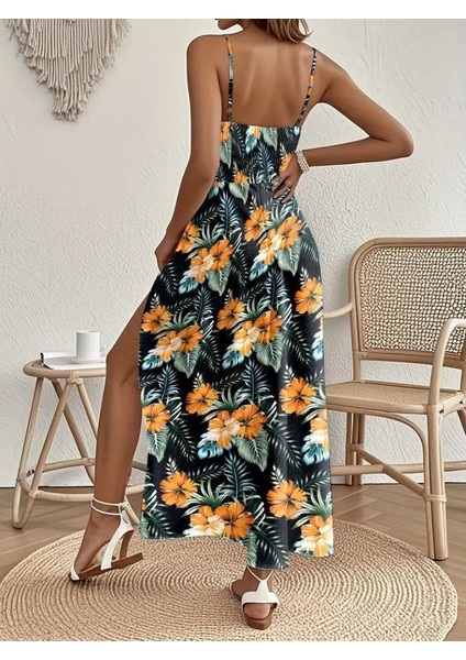 Mç Plus Kadın Ip Askılı V Yakalı Bel Güpür Çiçek Desenli Yandan Yırtmaçlı Maksi Süprem Elbise modelleri