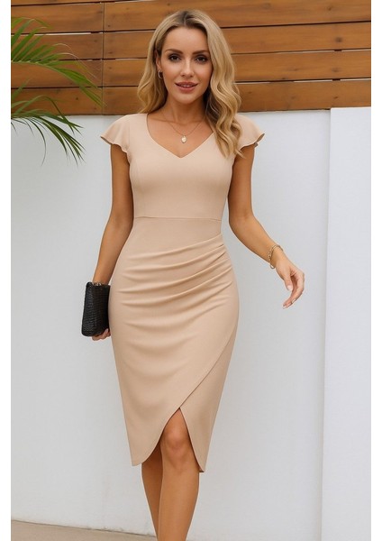 Kadın Kısa Kollu Kalp Yaka Yanlardan Büzgü Detay Midi Ithal Krep Elbise