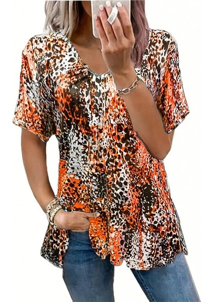 Kadın V Yaka Renkli Leopar Desen Büzgü Detay Süprem Bluz fiyatları