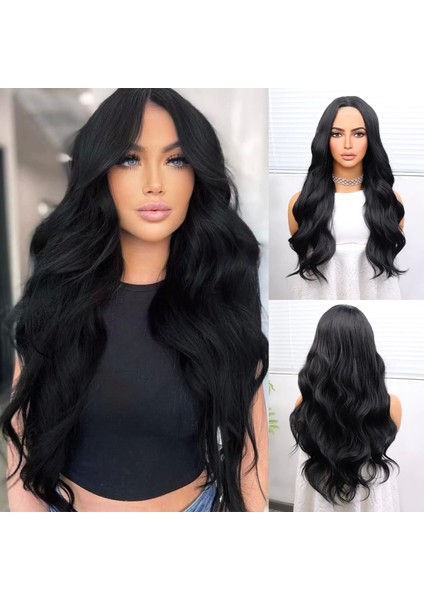 Uzun Siyah Su Dalgalı Fiber Sentetik Tül Peruk