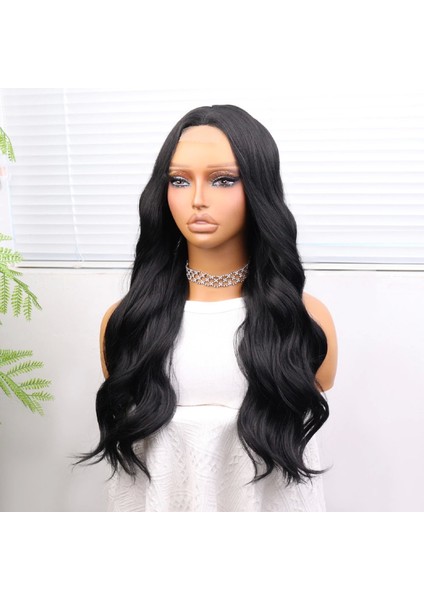 Uzun Siyah Su Dalgalı Fiber Sentetik Tül Peruk fırsatları