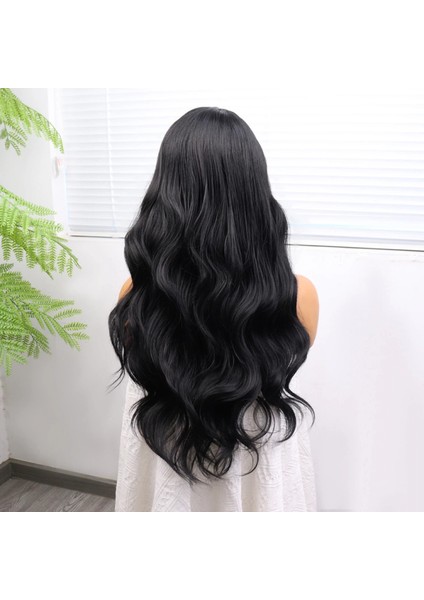 Uzun Siyah Su Dalgalı Fiber Sentetik Tül Peruk indirimleri