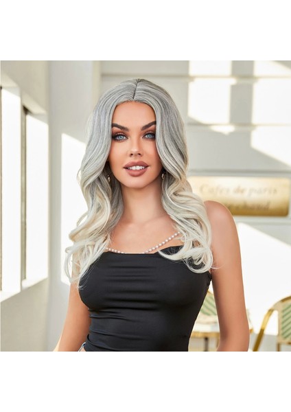 Siyah Beyaz Platin Ombre ve Röfleli Tül Peruk