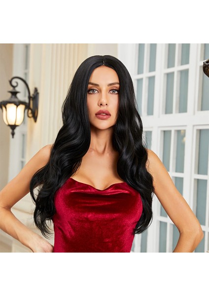 Uzun Hafif Dalgalı Siyah Tül Peruk