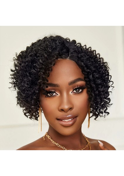 Siyah Kısa Afro Yan Tül Peruk modelleri