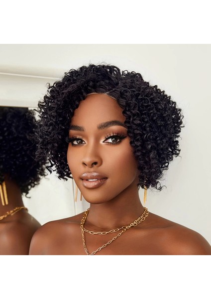 Siyah Kısa Afro Yan Tül Peruk indirimleri