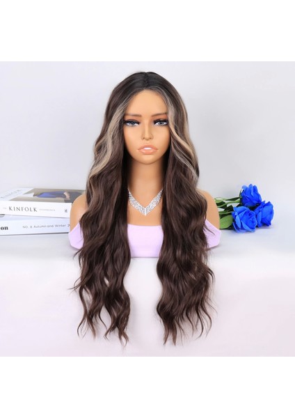 Uzun Kumral Balköpüğü Işıltılı Su Dalgalı Tül Peruk