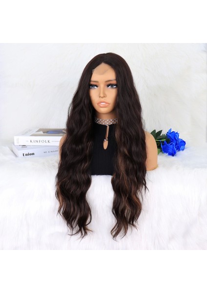 Kahverengi Karamel Işıltılı Su Dalgalı Fiber Sentetik Tül Peruk modelleri