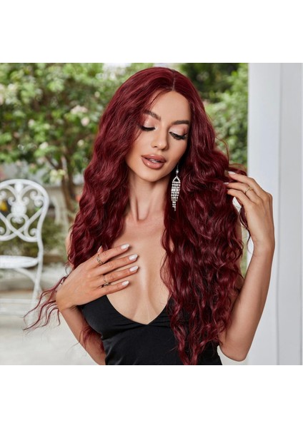 Koyu Kızıl Su Dalgalı Fiber Sentetik Tül Peruk indirimleri