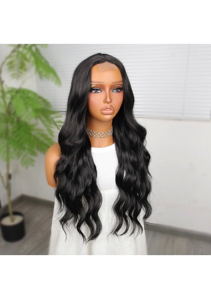 Koyu Siyah Su Dalgalı Fiber Sentetik Tül Peruk modelleri