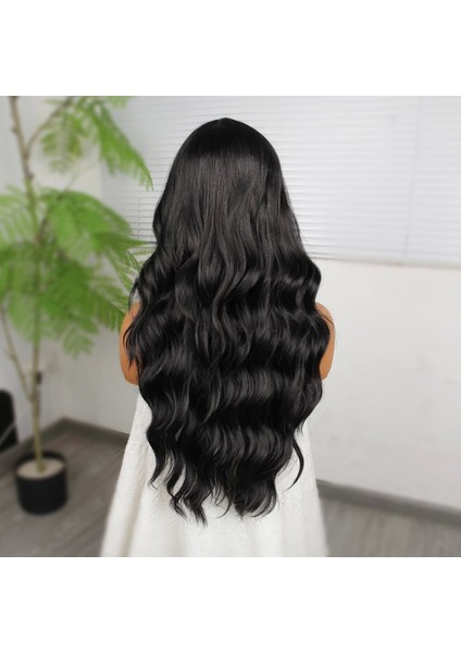 Koyu Siyah Su Dalgalı Fiber Sentetik Tül Peruk indirimleri