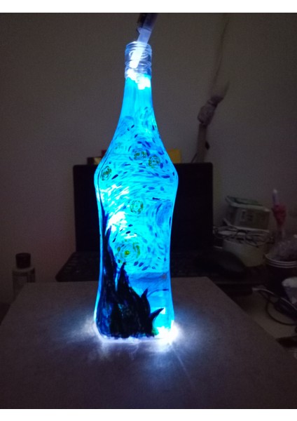 Van Gogh Yıldızlı Gece Temalı El Yapımı Cam Şişe Lamba – LED Işıklı Dekoratif Gece Lambası
