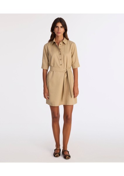 Düz Gömlek Yaka 3/4 Kol Elbise