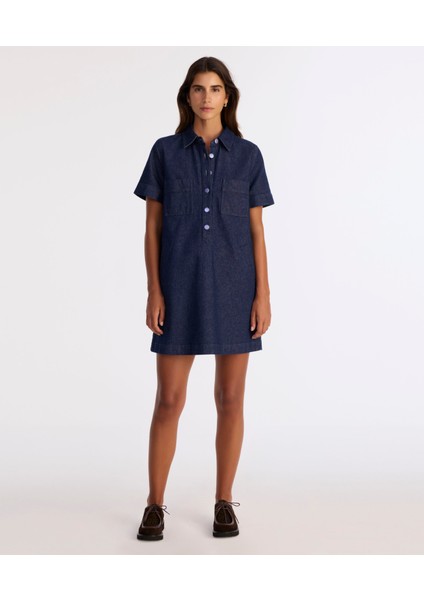 Düz Gömlek Yaka Kısa Kol Elbise