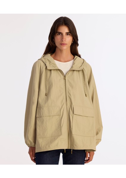 Loose Kapüşonlu Yaka Uzun Kol Yağmurluk