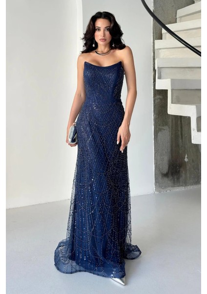 Lacivert Taş Işlemeli Uzun Balık Abiye 0801056.02