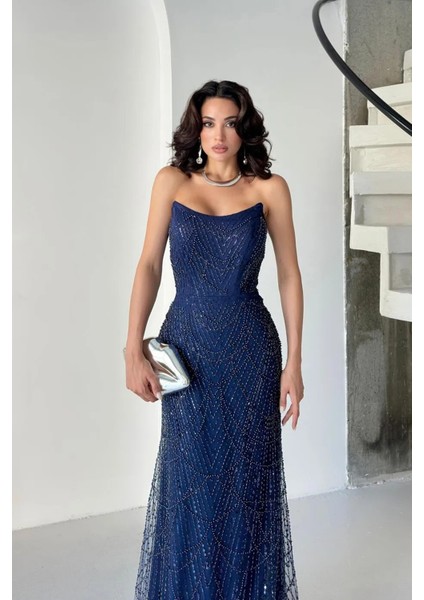 Lacivert Taş Işlemeli Uzun Balık Abiye 0801056.02 modelleri