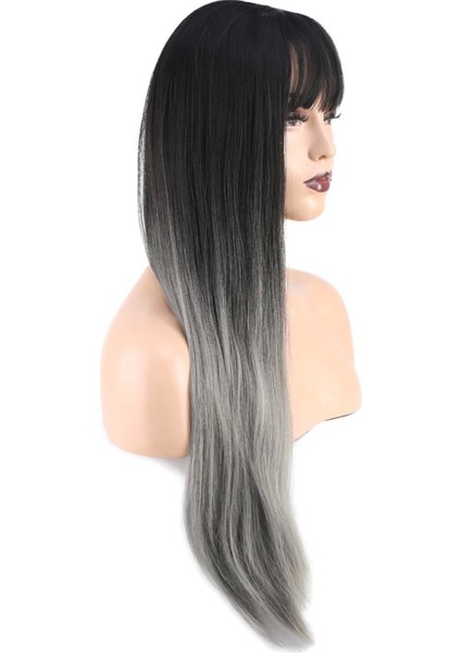 Düz Perçemli Uzun Fiber Sentetik Peruk - Siyah - Gri Ombreli fiyatları