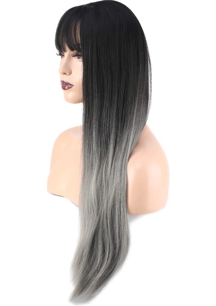Düz Perçemli Uzun Fiber Sentetik Peruk - Siyah - Gri Ombreli modelleri