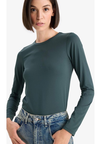 Slim Fit Dar Kesim Bisiklet Yaka Basic Düz Uzun Kollu Tişört D3756AX25AU fırsatları