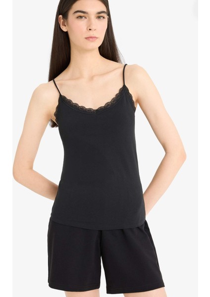 Dantel Detaylı İnce Askılı Pamuklu Siyah İç Atlet-Fall in Love Y5360AZ25AU