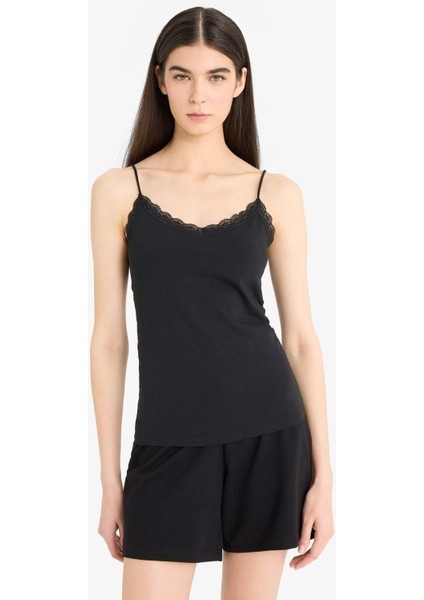 Dantel Detaylı İnce Askılı Pamuklu Siyah İç Atlet-Fall in Love Y5360AZ25AU fırsatları