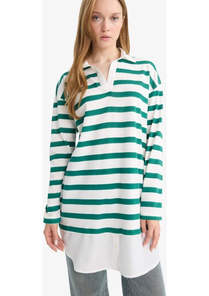 Regular Fit Polo Yaka Çizgili Uzun Kollu Tunik