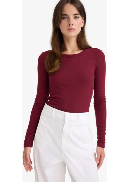 Slim Fit Dar Kesim Basic Düz Fitilli Kaşkorse Uzun Kollu Tişört E5767AX25AU fırsatları