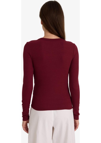 Slim Fit Dar Kesim Basic Düz Fitilli Kaşkorse Uzun Kollu Tişört E5767AX25AU
