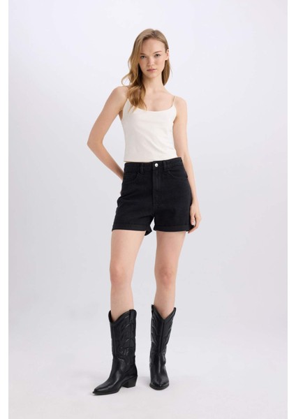 Mom Fit Yüksek Bel Katlamalı Paça Jean Şort E0519AX25SM