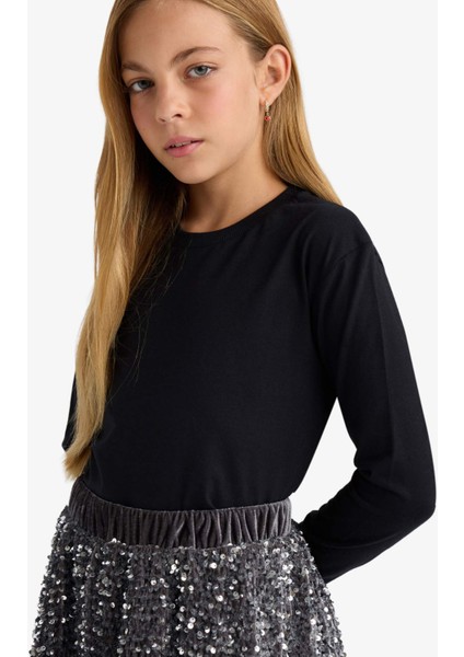 Kız Çocuk Bisiklet Yaka Basic Düz Uzun Kollu Okul Tişörtü U6810A625AU