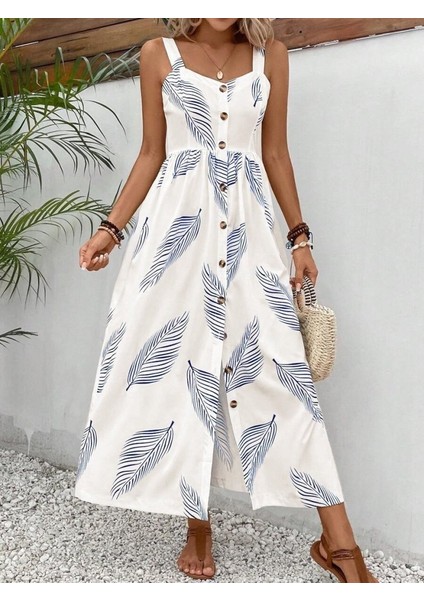 Kadın Askılı Önden Düğmeli Yaprak Desenli Uzun Süprem Elbise indirimleri