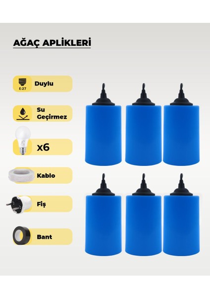 Hazır Set Kot Mavi Silindir Ağaç Feneri - 6 Adet (Gün Işığı Ampul, Kablo, Fiş ve Bant Dahil)