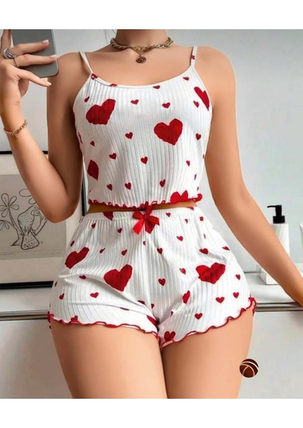 Lily Kırmızı/siyah Kalp Desenli Kurdele Detaylı %100 Pamuk Ince Askılı Büstiyer Şort Takım