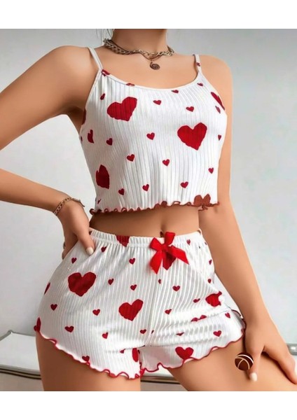 Lily Kırmızı/siyah Kalp Desenli Kurdele Detaylı %100 Pamuk Ince Askılı Büstiyer Şort Takım fiyatları