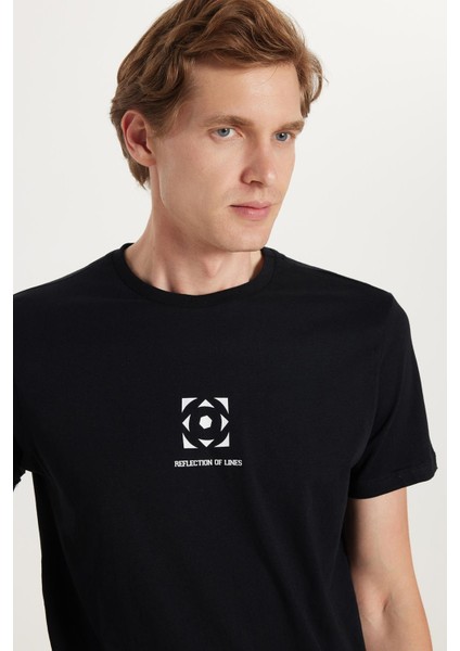 Erkek Slim Fit Dar Kesim %100 Pamuk Yumuşak Dokulu Baskılı Siyah Bisiklet Yaka Tişört fiyatları