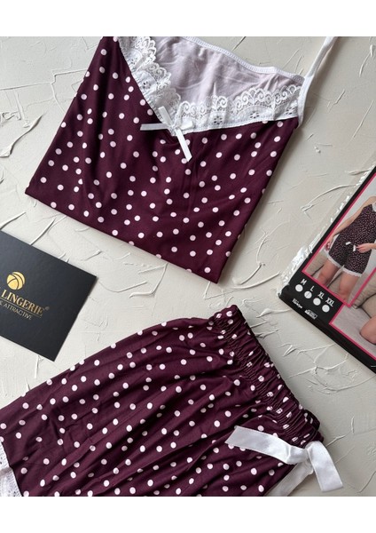 Intive Dantel Detaylı Yumuşacık Mürdüm Puantiye Desenli Askılı Bluz Şort Pijama Takımı fırsatları