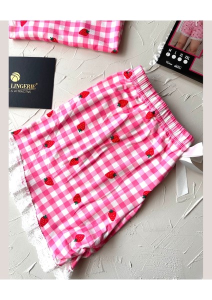 Intive Dantel Detaylı Yumuşacık Pembe Çilek Desenli Askılı Bluz Şort Pijama Takımı modelleri