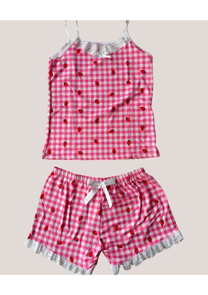 Intive Dantel Detaylı Yumuşacık Pembe Çilek Desenli Askılı Bluz Şort Pijama Takımı fırsatları