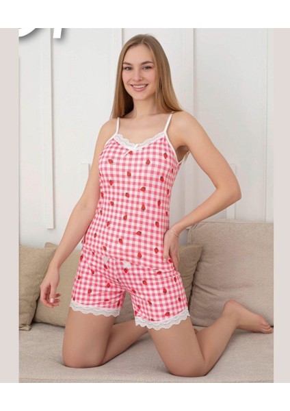 Intive Dantel Detaylı Yumuşacık Pembe Çilek Desenli Askılı Bluz Şort Pijama Takımı indirimleri