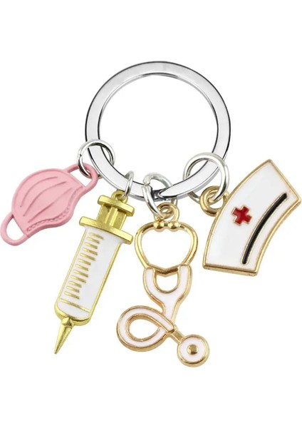 Sevimli Güzel Hemşire Doktor Keychain Maske Personel Şırınga Stetoskop Hemşire Kapağı Anahtar Zinciri Key Kollu: Pembe (Yurt Dışından)