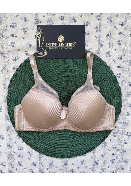 Evelyn Parlak Saten Çizgi Detaylı C Cup Balenli Desteksiz Önü Tül Detaylı Şık Sütyen (Intimmy Love)