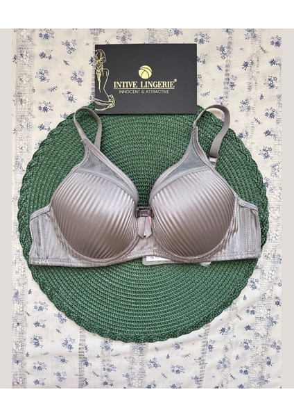 Evelyn Parlak Saten Çizgi Detaylı C Cup Balenli Desteksiz Önü Tül Detaylı Şık Sütyen (Intimmy Love)