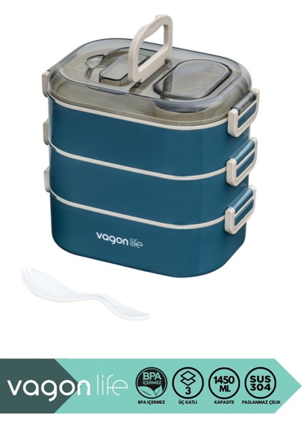 Bento 1450ML Lunchbox Yeni Koleksiyon Üç Katlı 5 Bölmeli Çelik Sefer Tası Yemek Kutusu