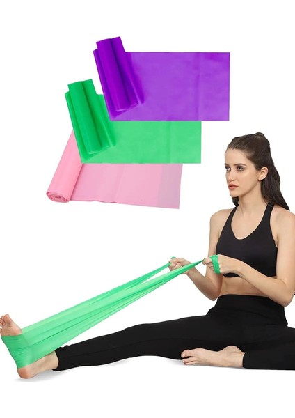 3'lü Pilates Lastiği Seti, 3 Direnç Seviyesi, 150X15 Cm, Egzersiz Bandi