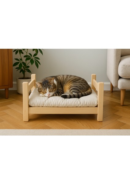 El Yapımı Çam Ağacı Kedi Karyolası ve Özel Üretim Sünger Yatağı– 30X52X23 cm modelleri