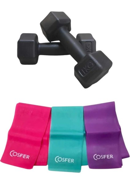 Siyah 1 kg Dambıl Çift ve Pilates Direnç Bandı Seti