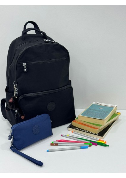 Unisex Suya Dayanıklı Krinkıl Kumaş Laptop Bölmeli Sırt Çantası ve Askılı Kalemlik